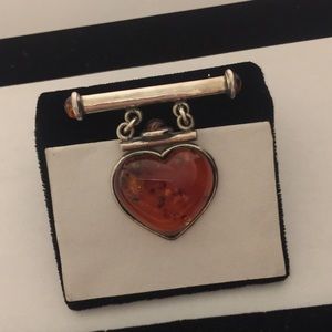 Vintage Sterling Amber Heart Dangle Brooch